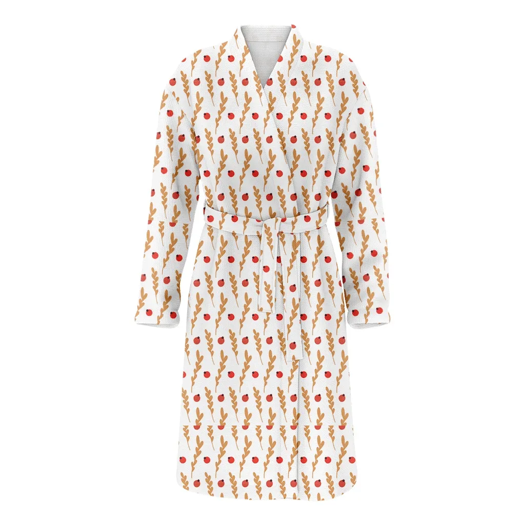 Illustrated Golden Leaves With Red Berries Pattern Christmas Family Matching Kimono Bathrobe Satin Fleece Robe
