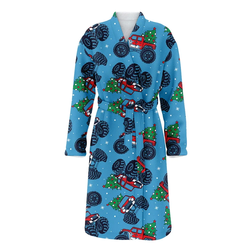 Illustrated Monster Truck Cars With Christmas Gift Tree On Blue Background Family Matching Kimono Bathrobe Satin Fleece Robe
