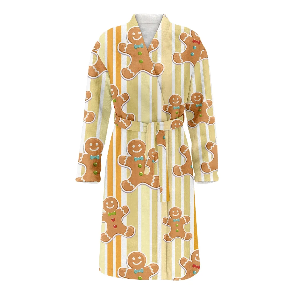 Kawaii Gingerbread Man Smiling Face On Colorful Striped Background Christmas Gift Family Matching Kimono Bathrobe Satin Fleece Robe