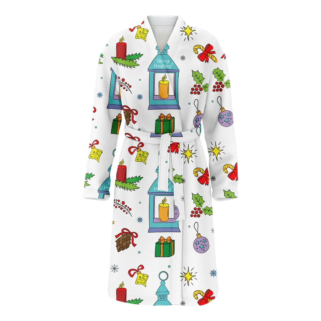 Lantern With Inscription Merry Christmas Gift Candle Berries Stars Family Matching Kimono Bathrobe Satin Fleece Robe