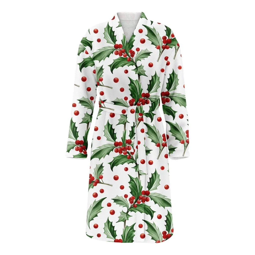 Large Holly Leaves And Red Berries On White Background Christmas Family Matching Kimono Bathrobe Satin Fleece Robe