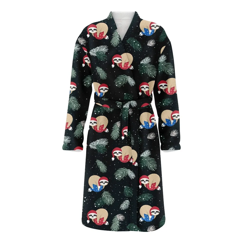 Lazy Sloth Sleeping On Colorful Christmas Balls Family Matching Kimono Bathrobe Satin Fleece Robe