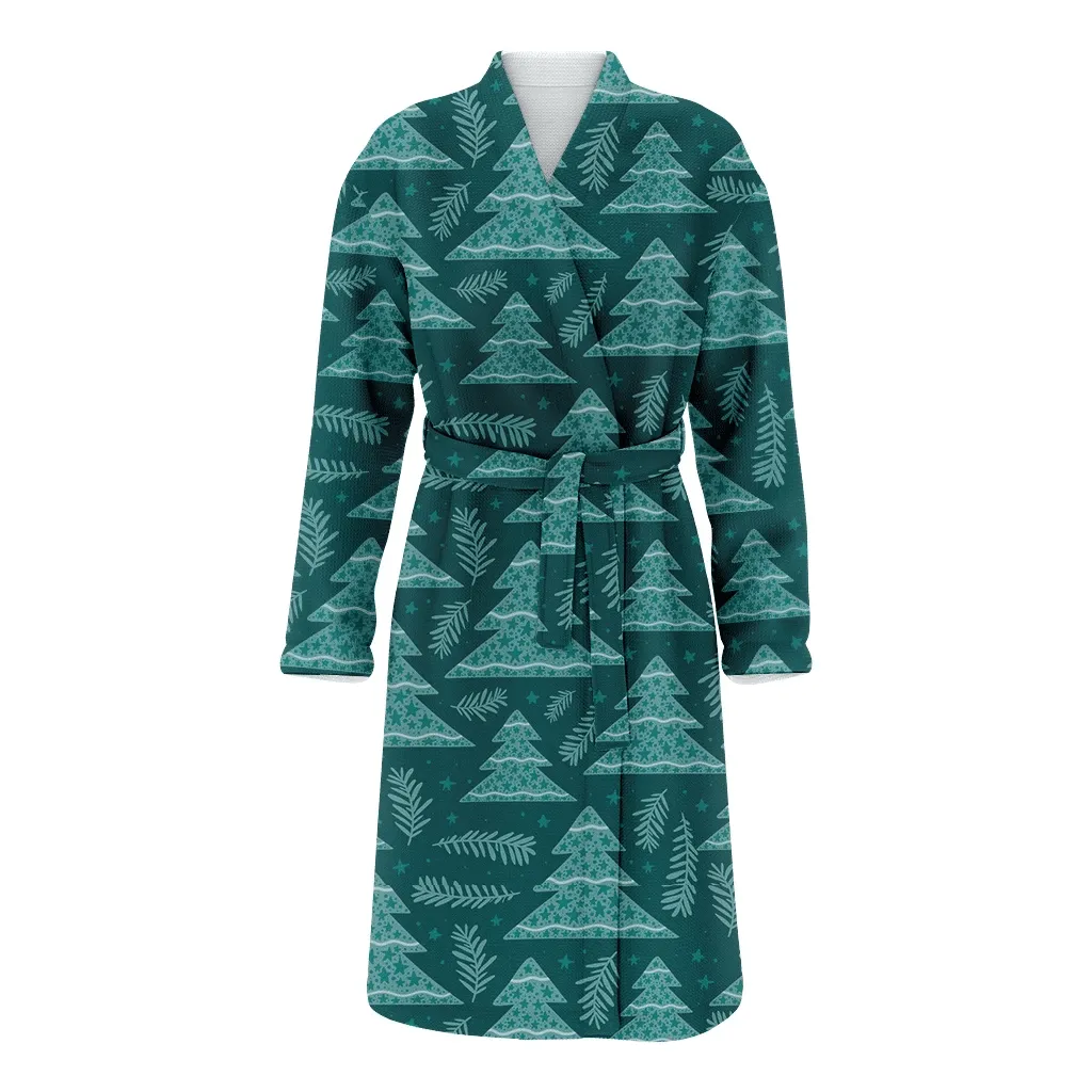 Leaves And Christmas Gift Tree With Small Stars Family Matching Kimono Bathrobe Satin Fleece Robe
