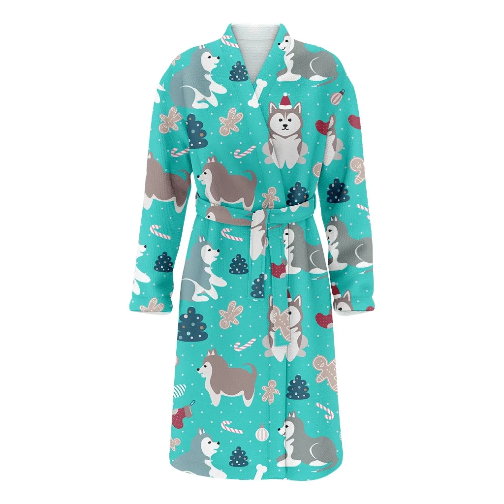 Light Blue Christmas With Cute Cheerful Husky Puppies Family Matching Kimono Bathrobe Satin Fleece Robe