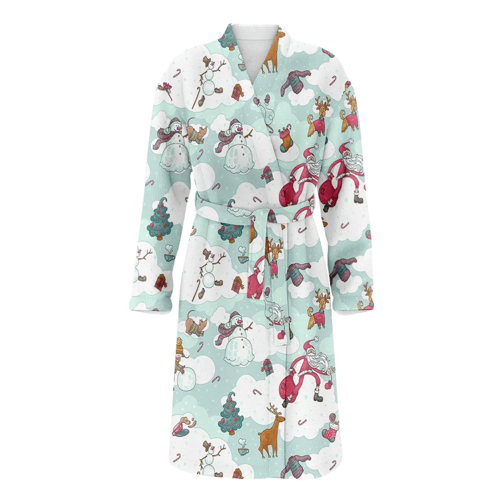 Light Color Christmas Santa Claus Baby Dogs On Sky Family Matching Kimono Bathrobe Satin Fleece Robe
