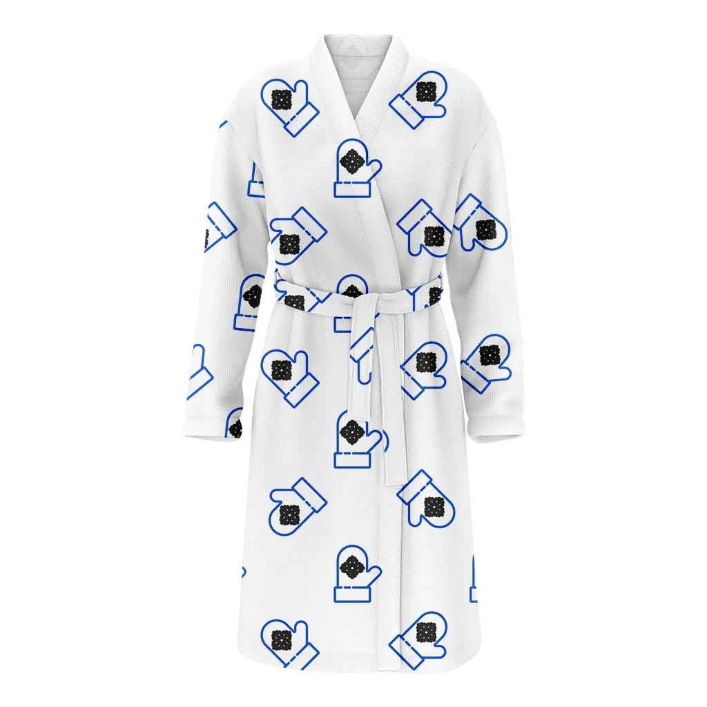 Line Mittens Icon Isolated Pattern On White Background Christmas Gift Family Matching Kimono Bathrobe Satin Fleece Robe