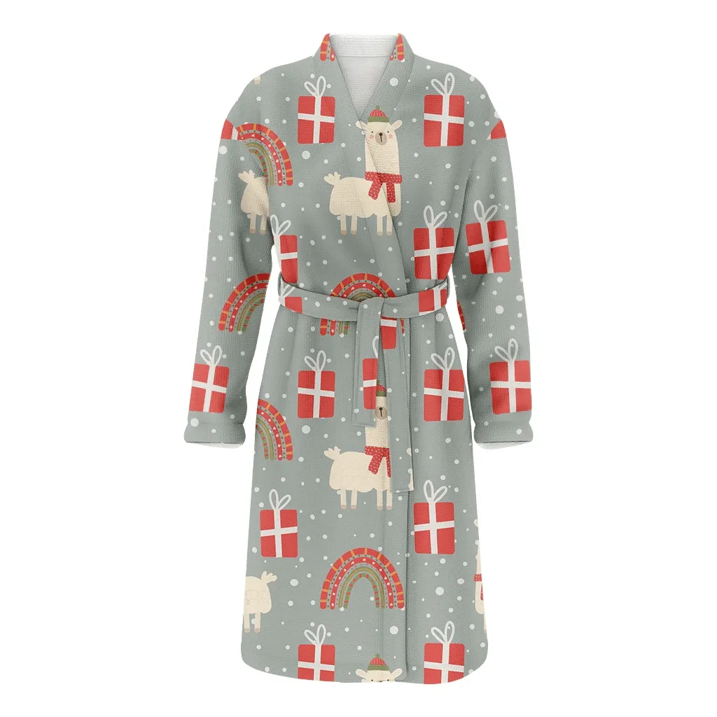 Llamas With Rainbow And Gifts Christmas Ornament Family Matching Kimono Bathrobe Satin Fleece Robe