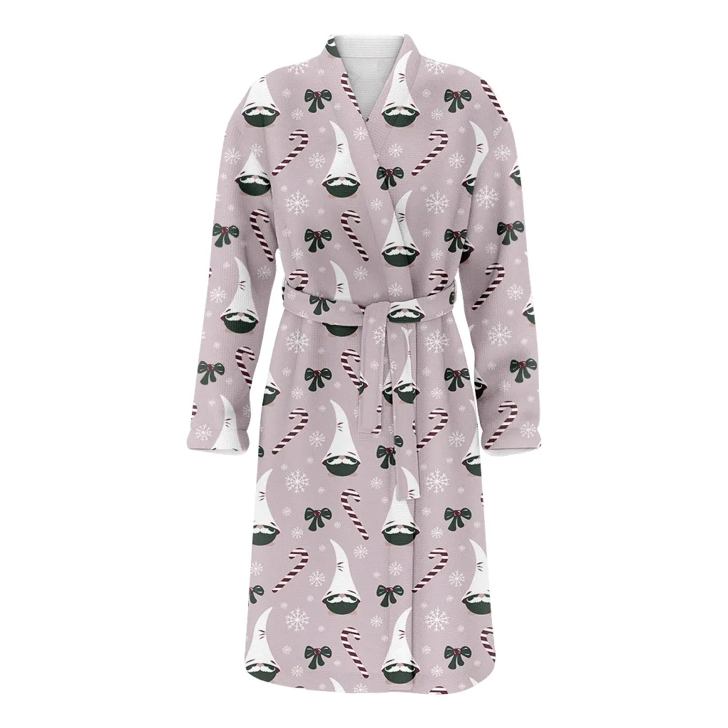 Long Cap Gnomes Face With Green Bows And Candies Pattern Christmas Family Matching Kimono Bathrobe Satin Fleece Robe