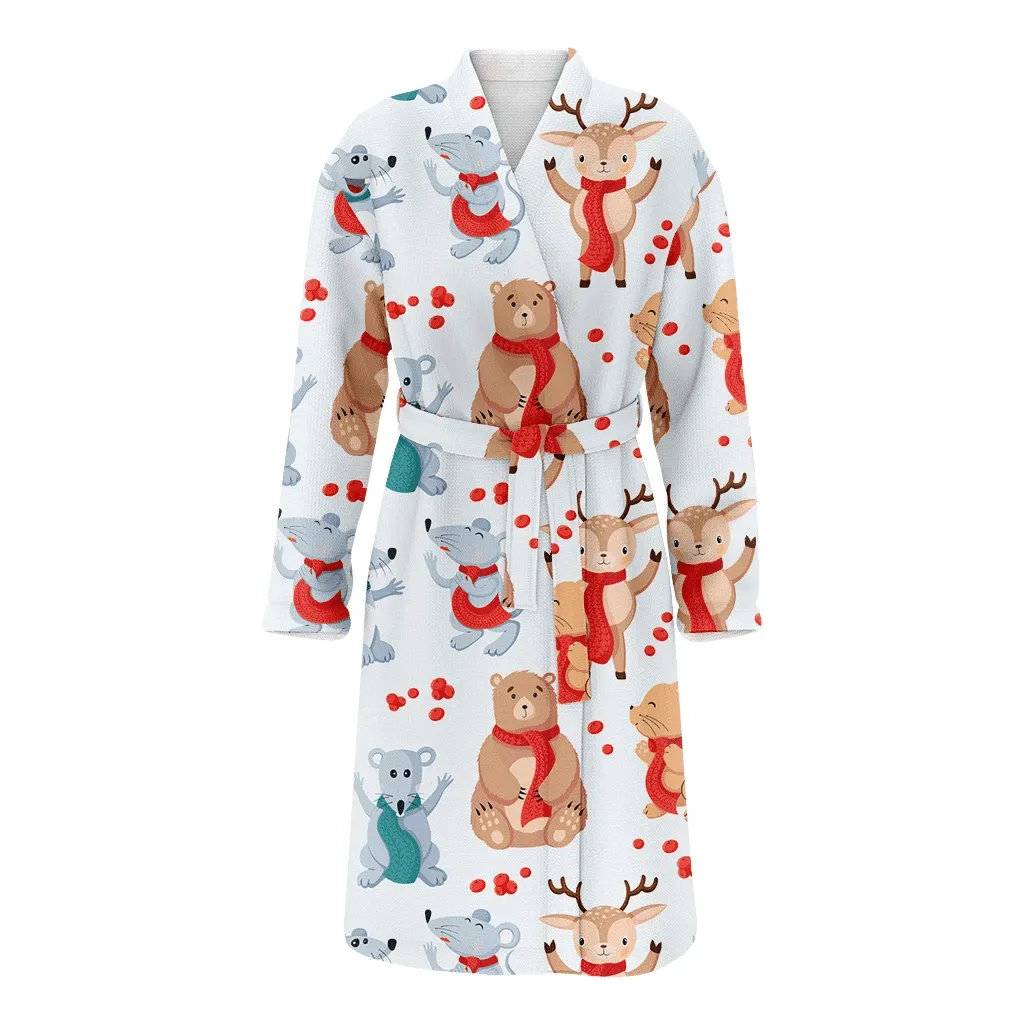 Lovely Animals With Christmas Gift Red Scarf Cartoon Pattern Family Matching Kimono Bathrobe Satin Fleece Robe