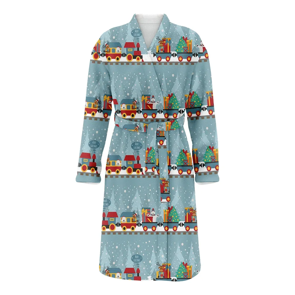 Lovely Bear Family On Train With Reindeer Gifts Pattern Christmas Gift Family Matching Kimono Bathrobe Satin Fleece Robe