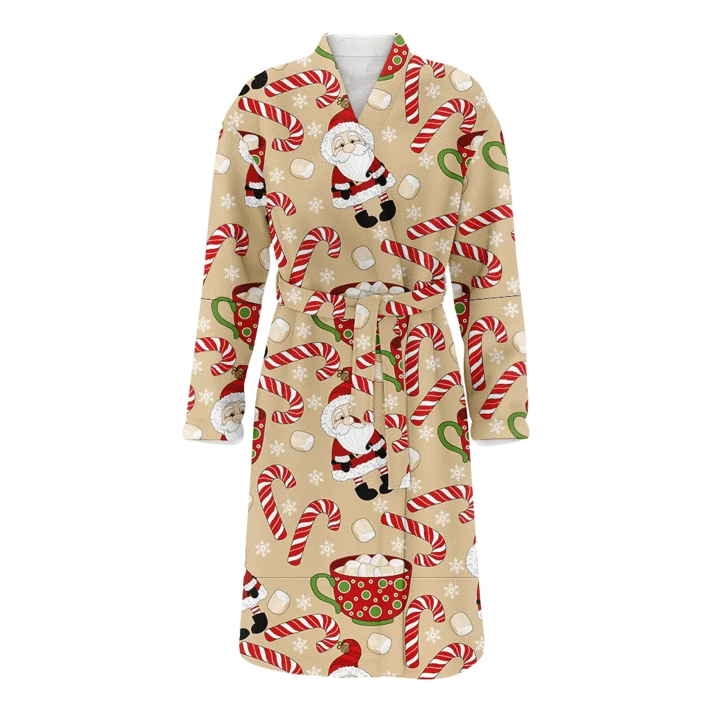Lovely Cartoon Santa With Candy And Cup Pattern Xmas Themed Christmas Gift Family Matching Kimono Bathrobe Satin Fleece Robe