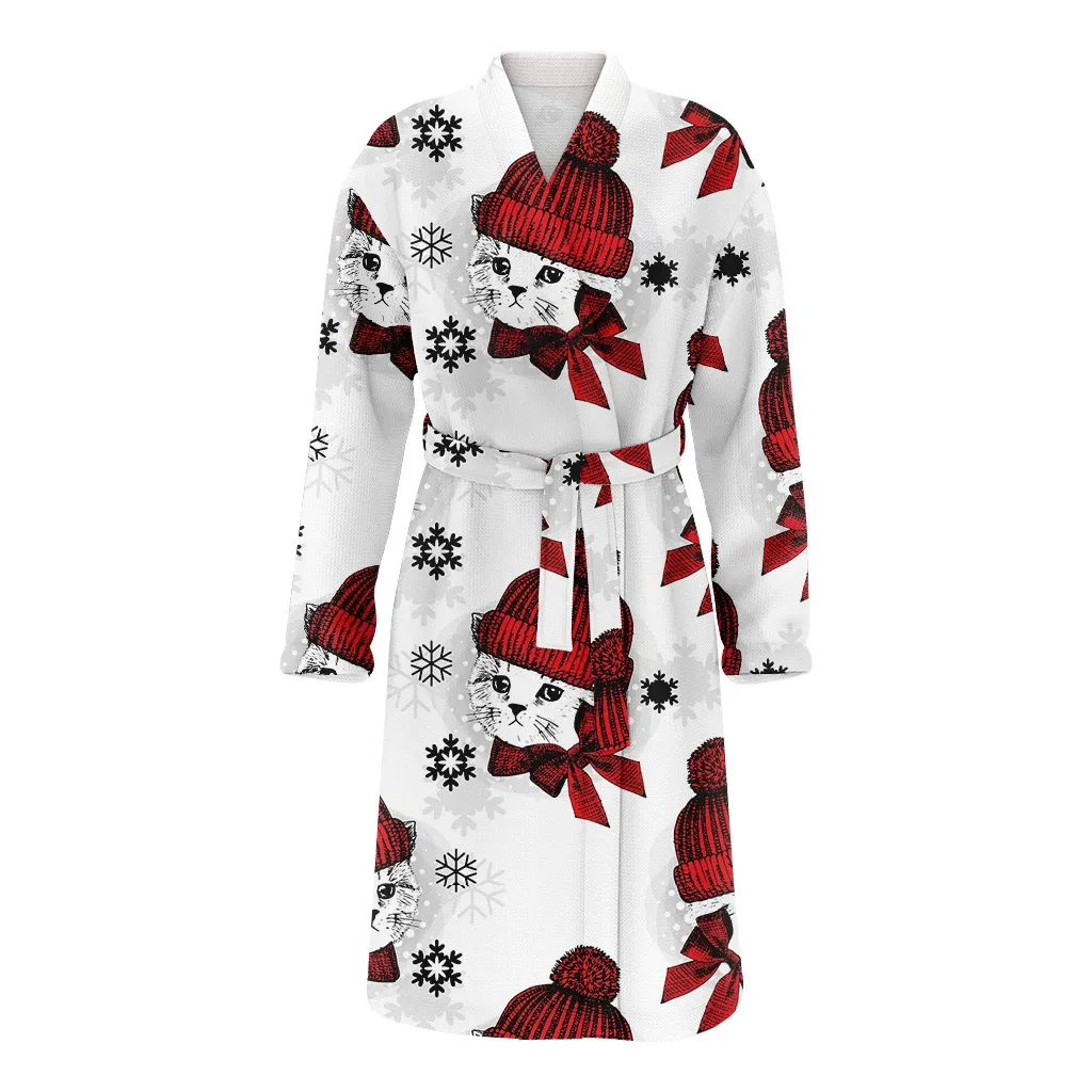 Lovely Cat In Red Cap And Scarf With Snowflakes Ornate Drawn Christmas Family Matching Kimono Bathrobe Satin Fleece Robe