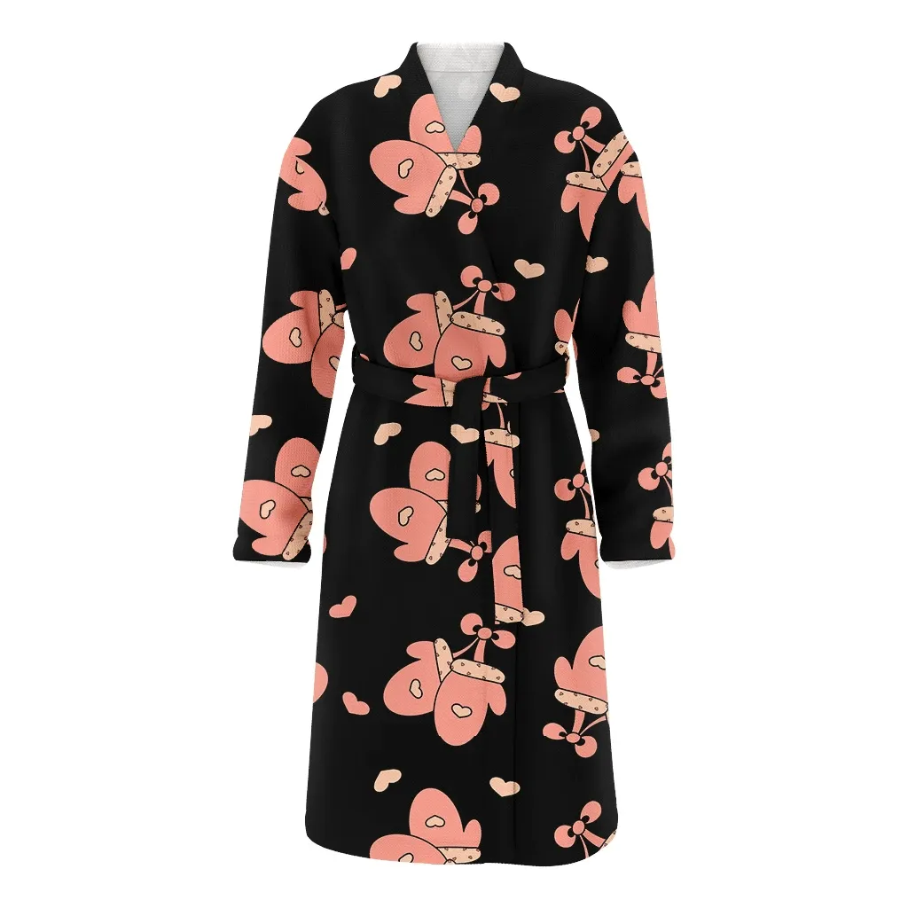 Lovely Pink Heart Mittens Glove On Black Background Christmas Gift Family Matching Kimono Bathrobe Satin Fleece Robe