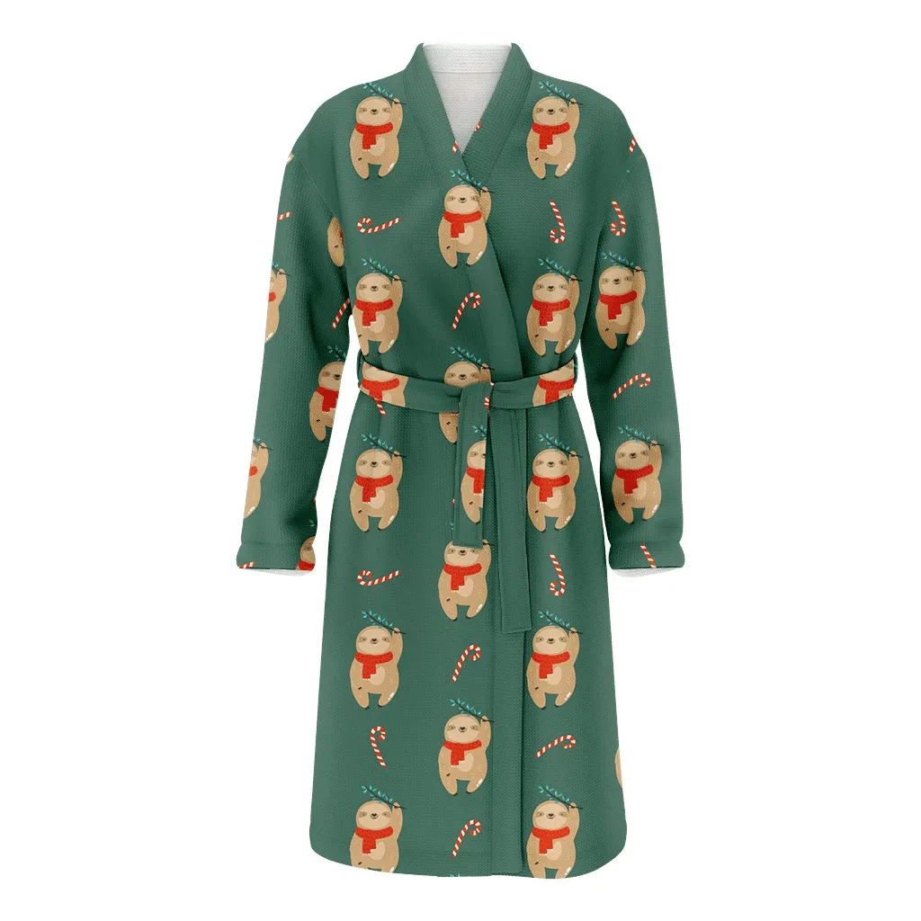 Lovely Sloth Wear Christmas Scarf And Candy Cane Family Matching Kimono Bathrobe Satin Fleece Robe