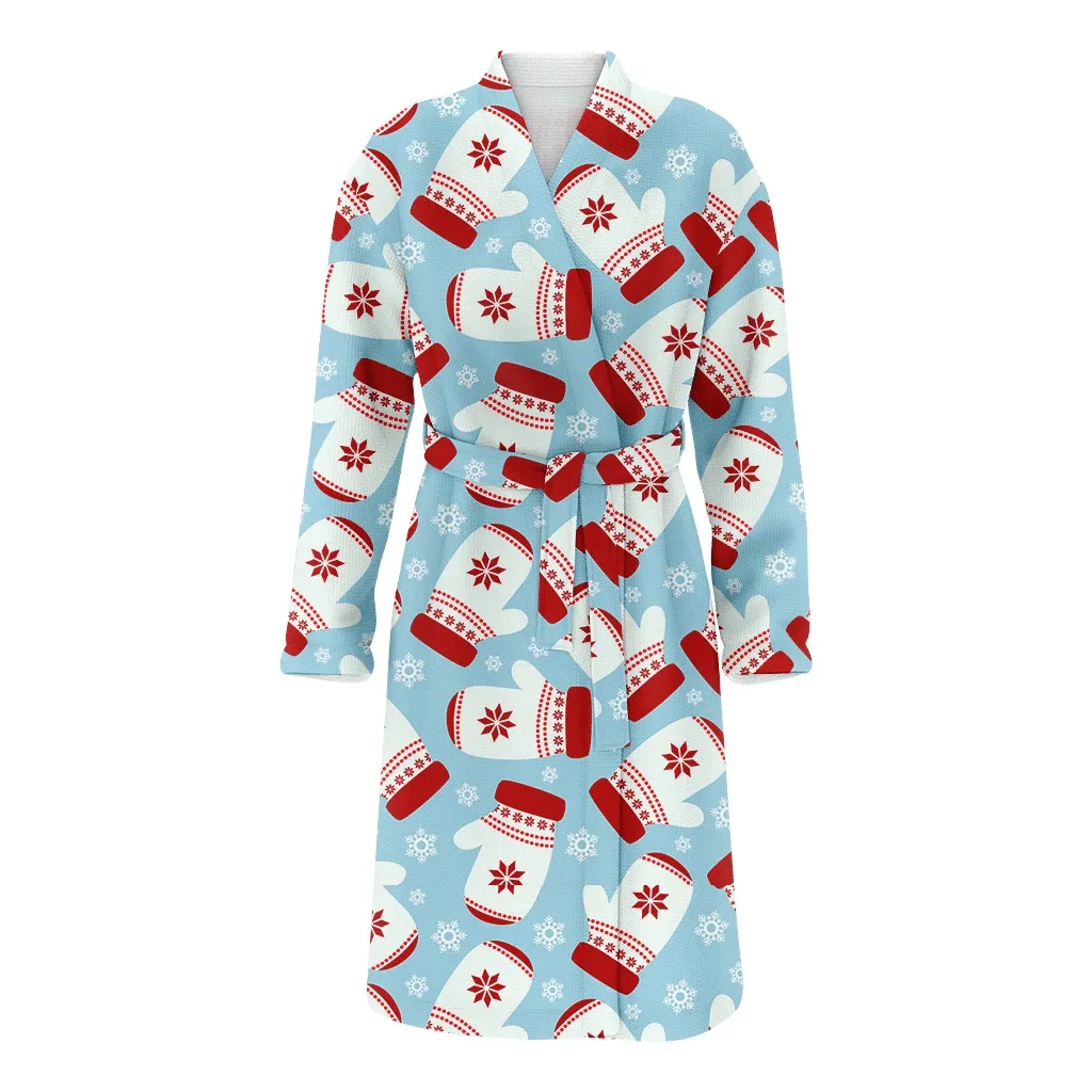 Medium Icon Of Mittens Glove On Blue Background Christmas Gift Family Matching Kimono Bathrobe Satin Fleece Robe