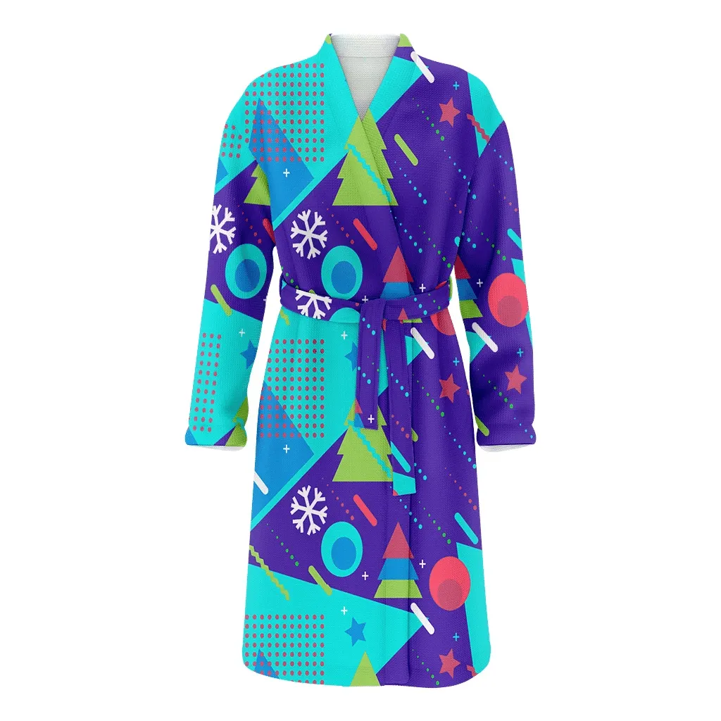 Memphis Style Of 80s Snowflakes And Fir Trees Christmas Family Matching Kimono Bathrobe Satin Fleece Robe