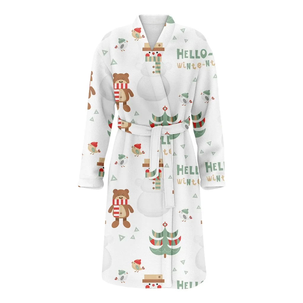 Merry Christmas Bear And Big Snowman Family Matching Kimono Bathrobe Satin Fleece Robe