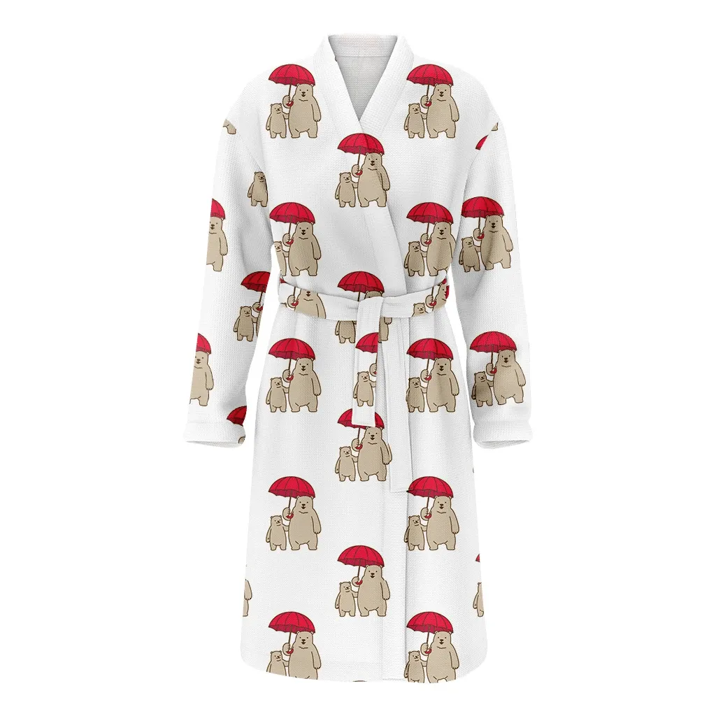 Merry Christmas Bear Icon Polar Bear And Red Umbrella Family Matching Kimono Bathrobe Satin Fleece Robe