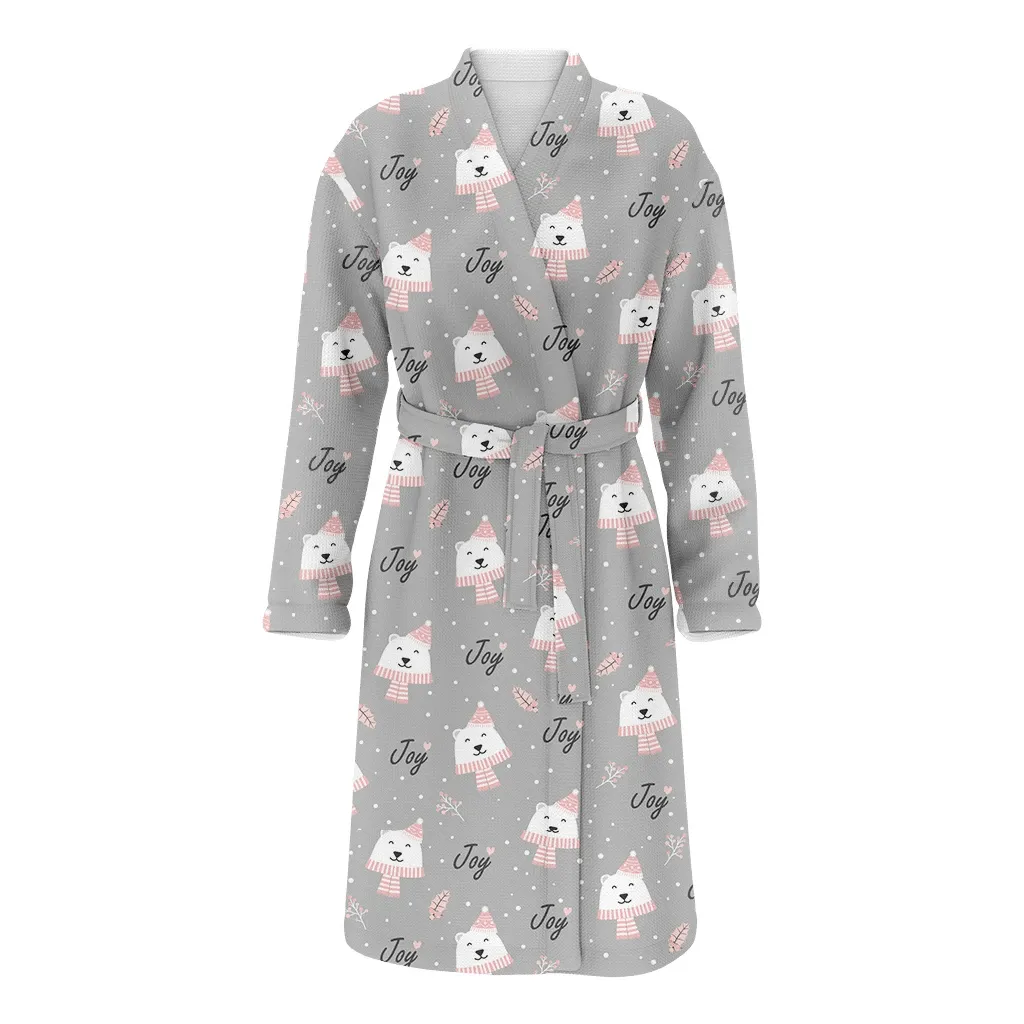 Merry Christmas Bear With Holly Berry Family Matching Kimono Bathrobe Satin Fleece Robe