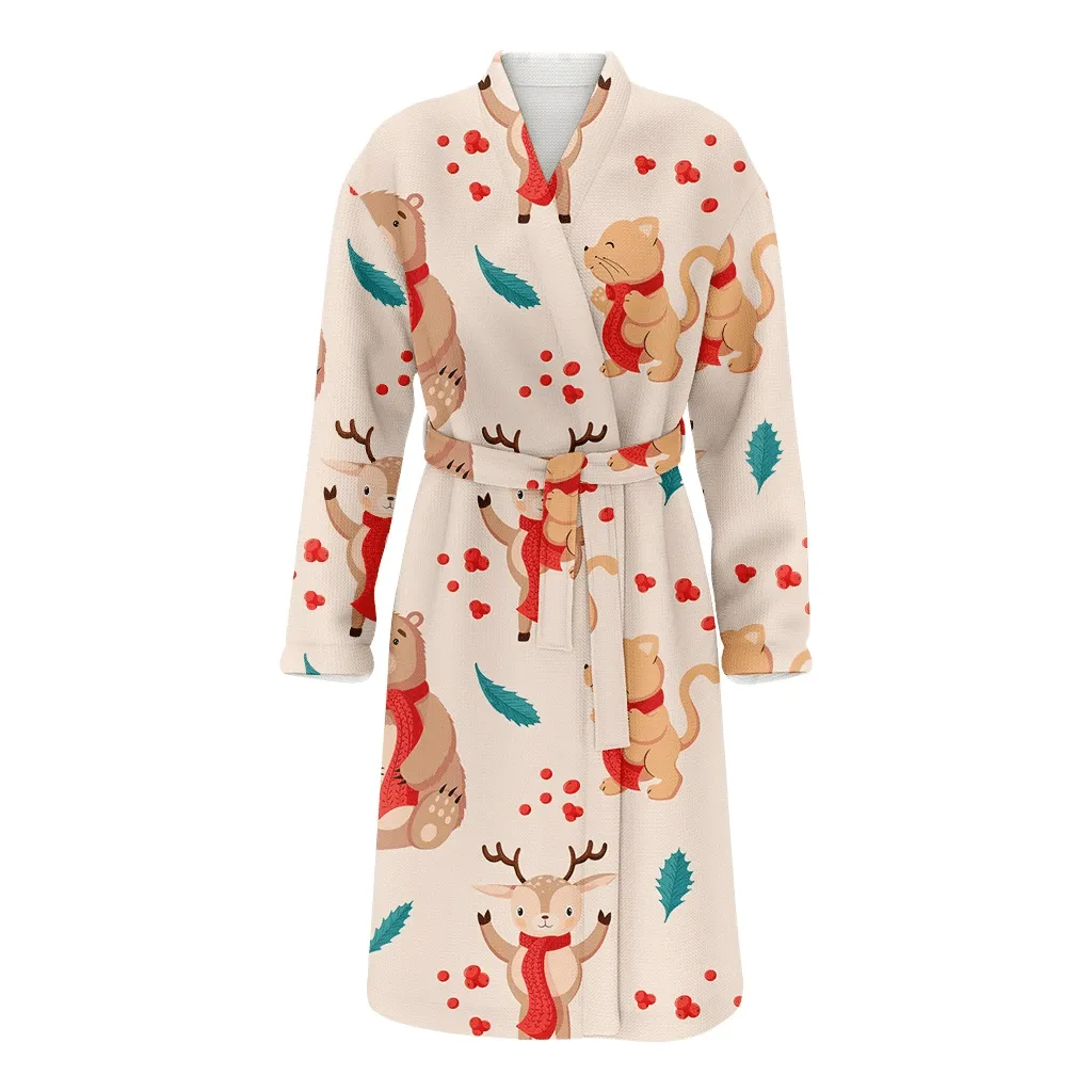 Merry Christmas Bears With Different Animals Family Matching Kimono Bathrobe Satin Fleece Robe