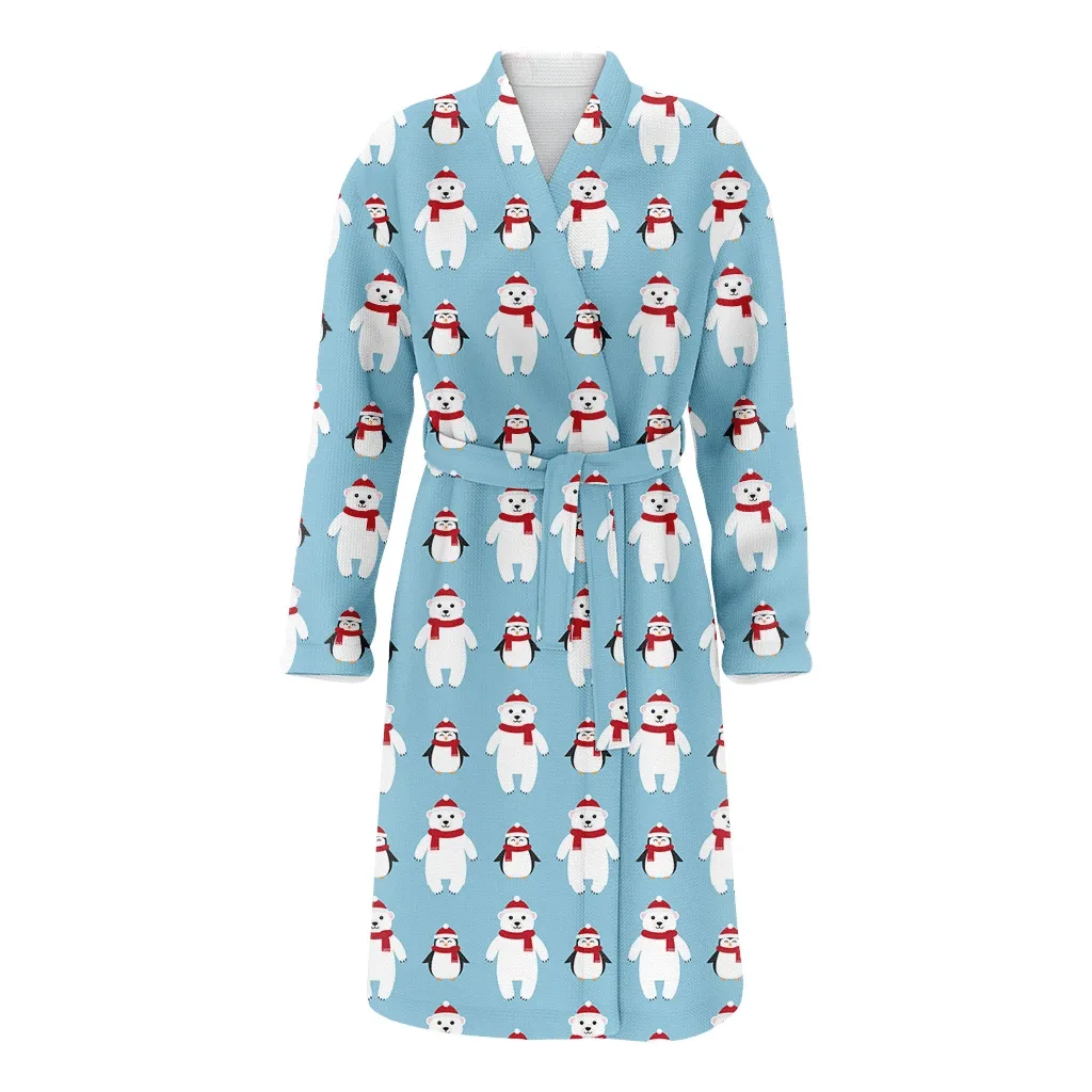 Merry Christmas Cartoon Polar Bear And Penguin In Hat Family Matching Kimono Bathrobe Satin Fleece Robe