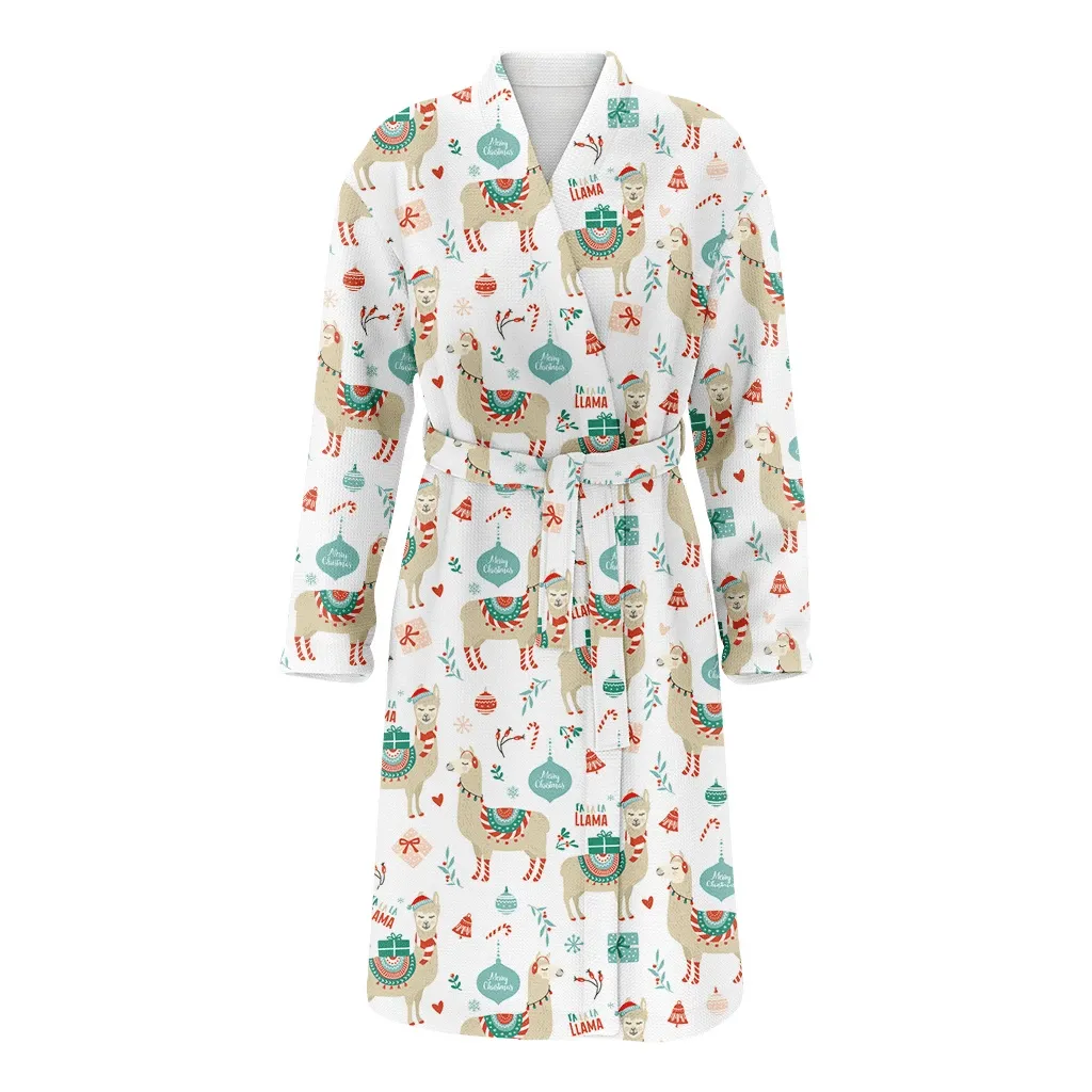 Merry Christmas Cute Cartoon Llama Alpaca Family Matching Kimono Bathrobe Satin Fleece Robe