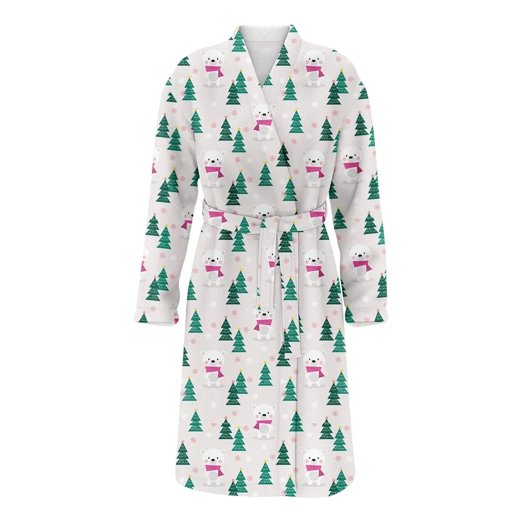 Merry Christmas Cute Polar Bear In Christmas Season Family Matching Kimono Bathrobe Satin Fleece Robe
