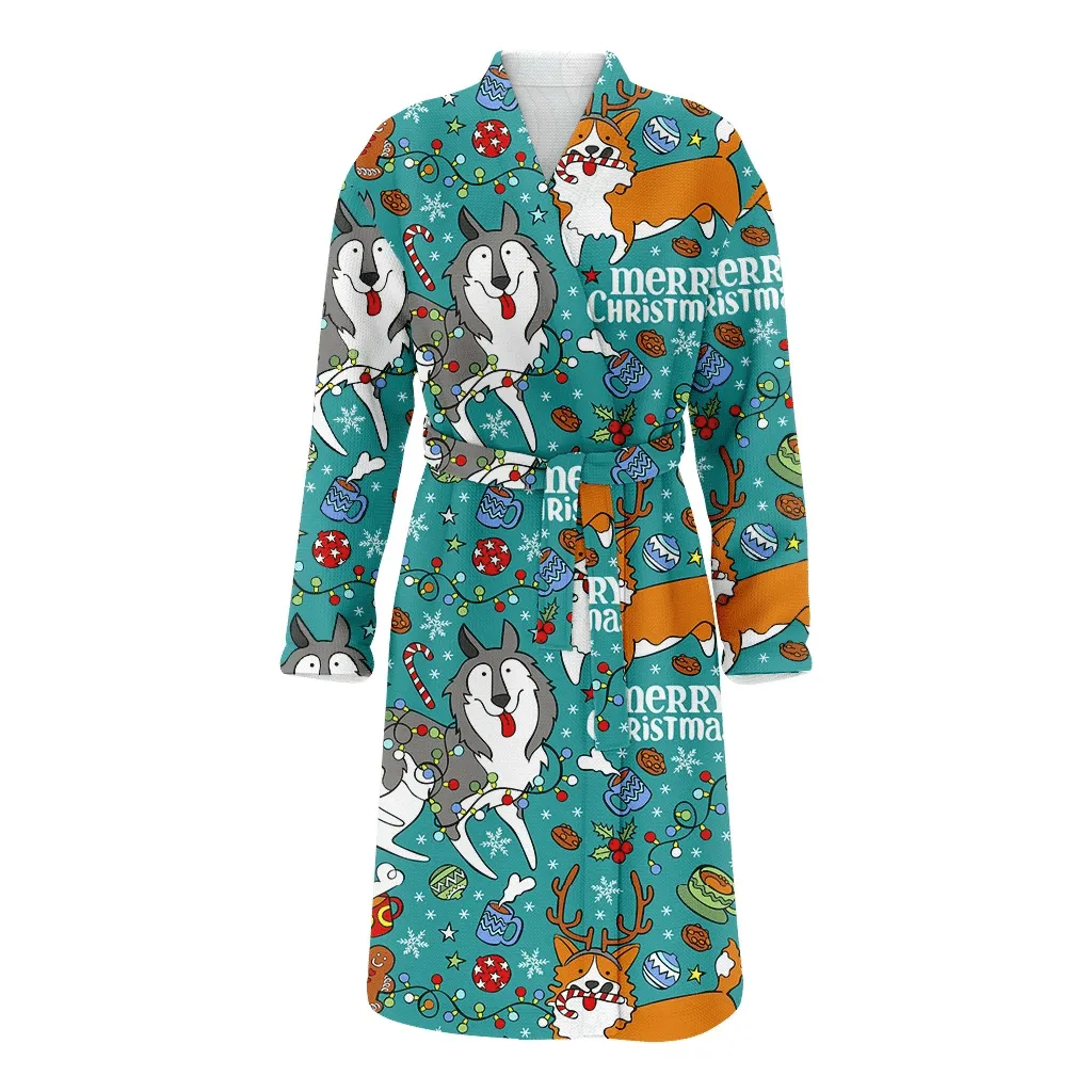 Merry Christmas Dogs Husky And Corgi Family Matching Kimono Bathrobe Satin Fleece Robe