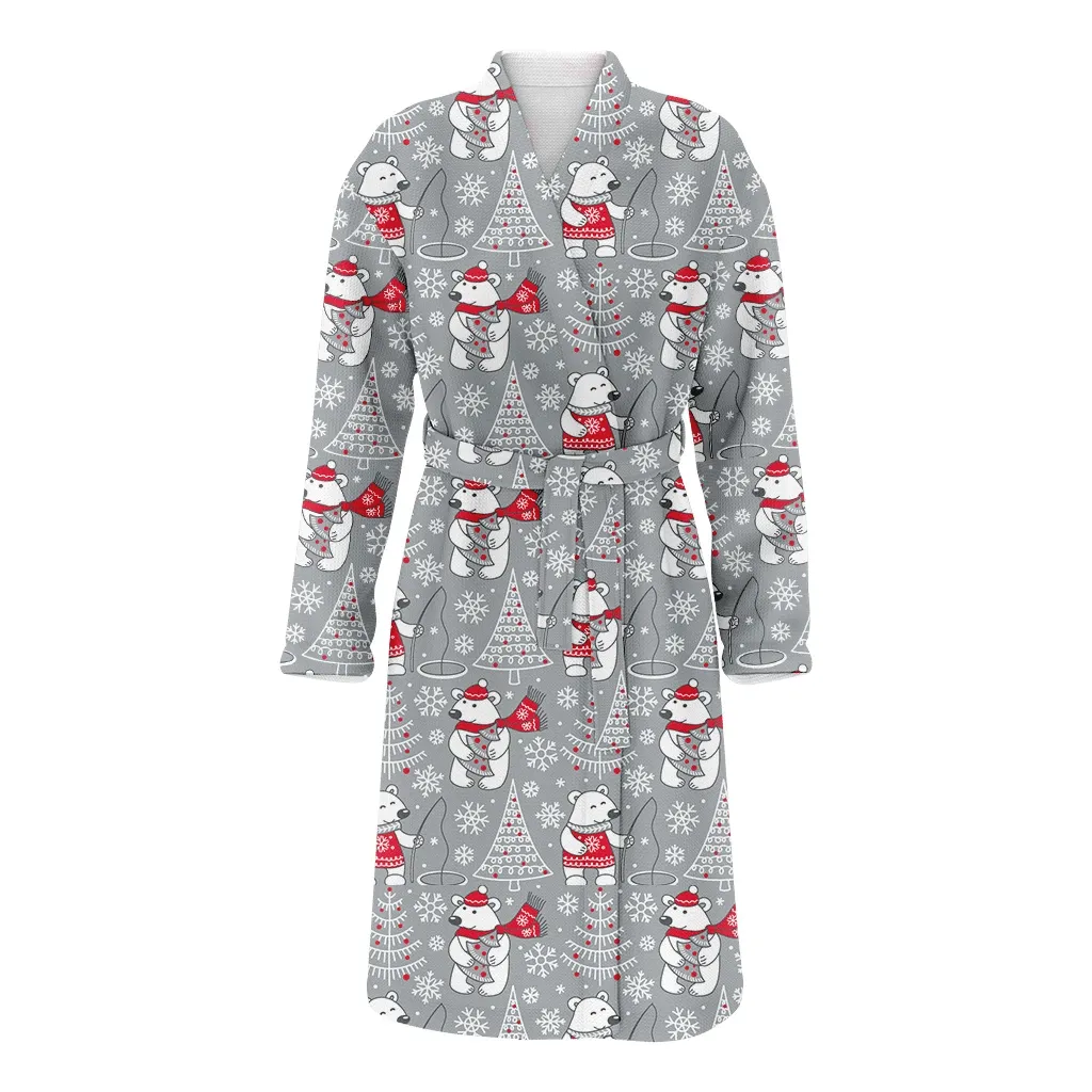 Merry Christmas Fisher Bear And Snowy Forest Family Matching Kimono Bathrobe Satin Fleece Robe