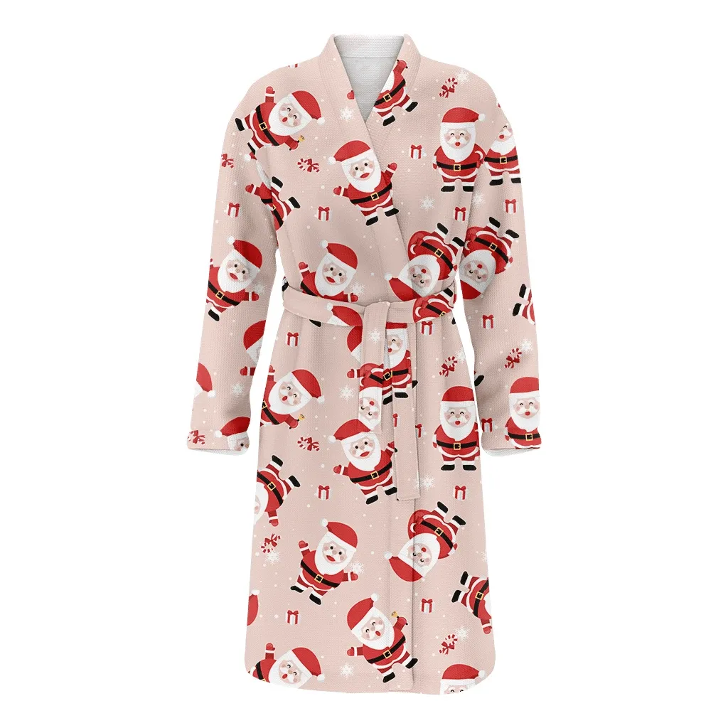 Merry Christmas Gift Cute Santa Claus Hold Gift Bag Pattern Family Matching Kimono Bathrobe Satin Fleece Robe