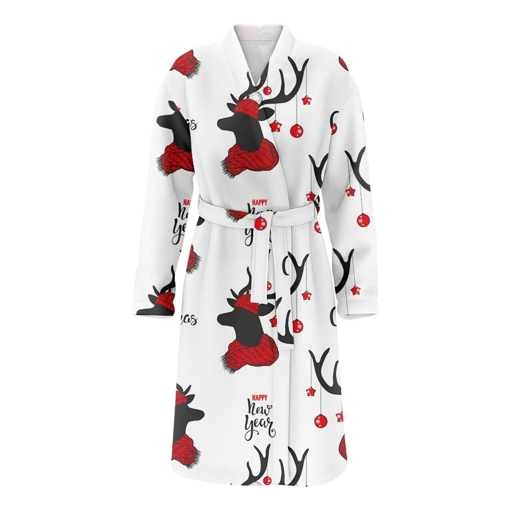 Merry Christmas Gift Deer Silhouette With Red Scarf And Decorative Balls Family Matching Kimono Bathrobe Satin Fleece Robe