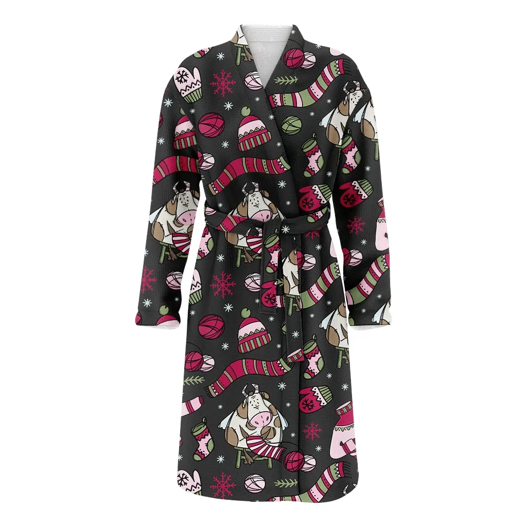 Merry Christmas Gift Hygge Cow Knits Sweater Scarf Doodle Pattern Family Matching Kimono Bathrobe Satin Fleece Robe