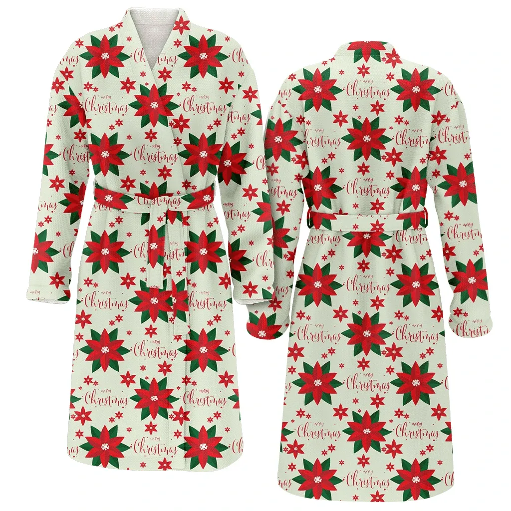 Merry Christmas Gift Red Poinsettia And Leaves Family Matching Kimono Bathrobe Satin Fleece Robe