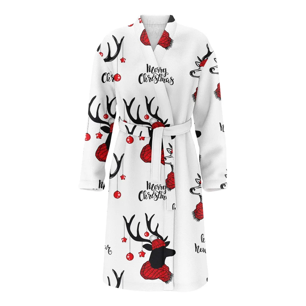 Merry Christmas Gift With Reindeer In Red Scarf Family Matching Kimono Bathrobe Satin Fleece Robe