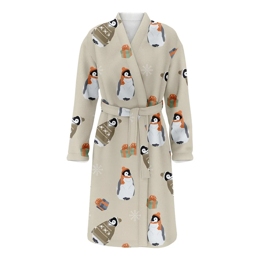 Merry Christmas Penguins In Hat And Sweater On Beige Family Matching Kimono Bathrobe Satin Fleece Robe