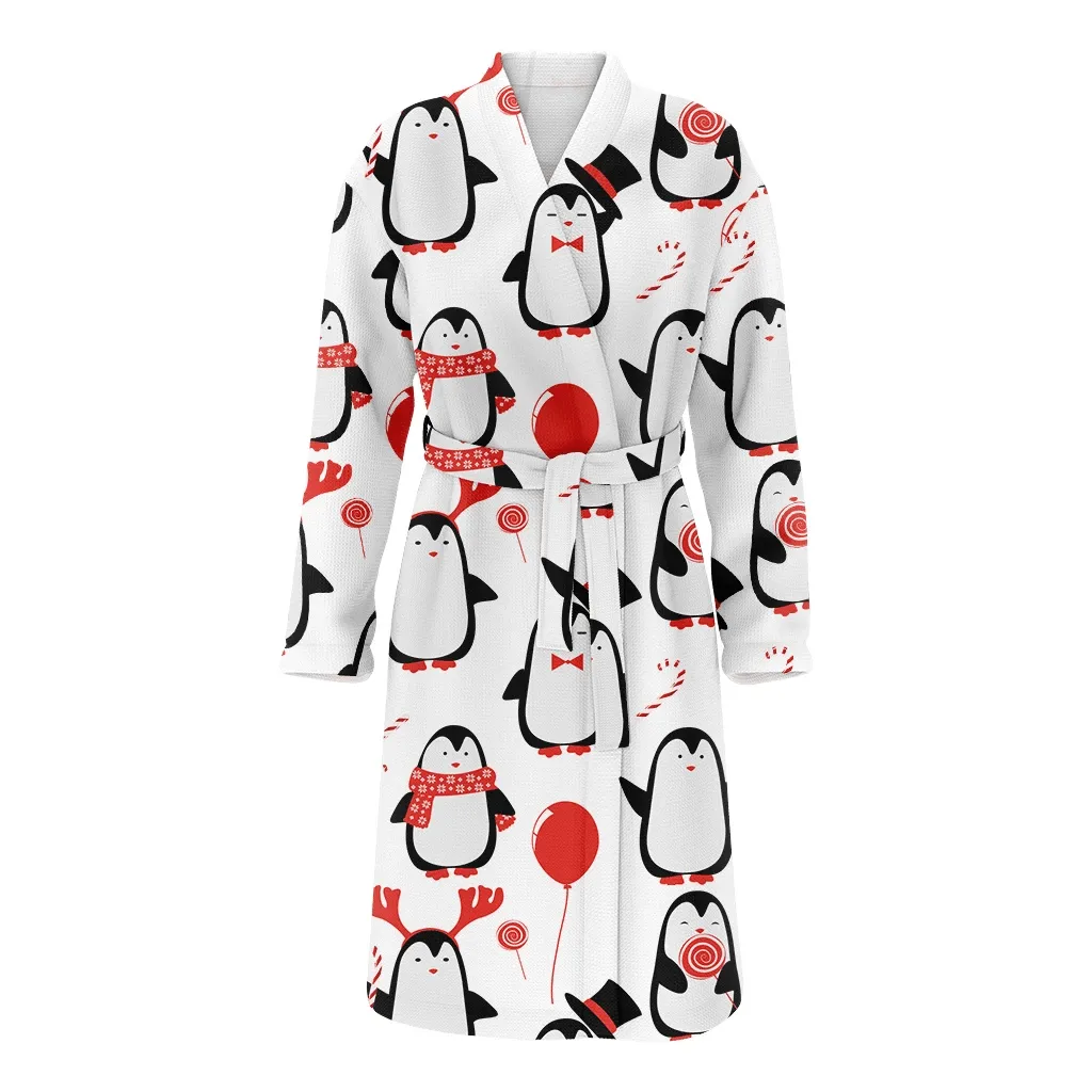 Merry Christmas Penguins Red Balloon And Candy Family Matching Kimono Bathrobe Satin Fleece Robe