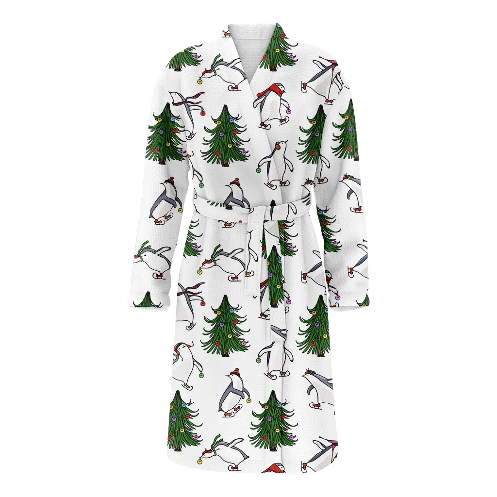 Merry Christmas Penguins Skating On Ice With Christmas Trees Family Matching Kimono Bathrobe Satin Fleece Robe