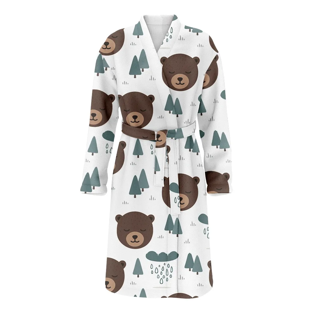 Merry Christmas Sleepy Cute Bear In The Forest With Rainy Clouds Family Matching Kimono Bathrobe Satin Fleece Robe