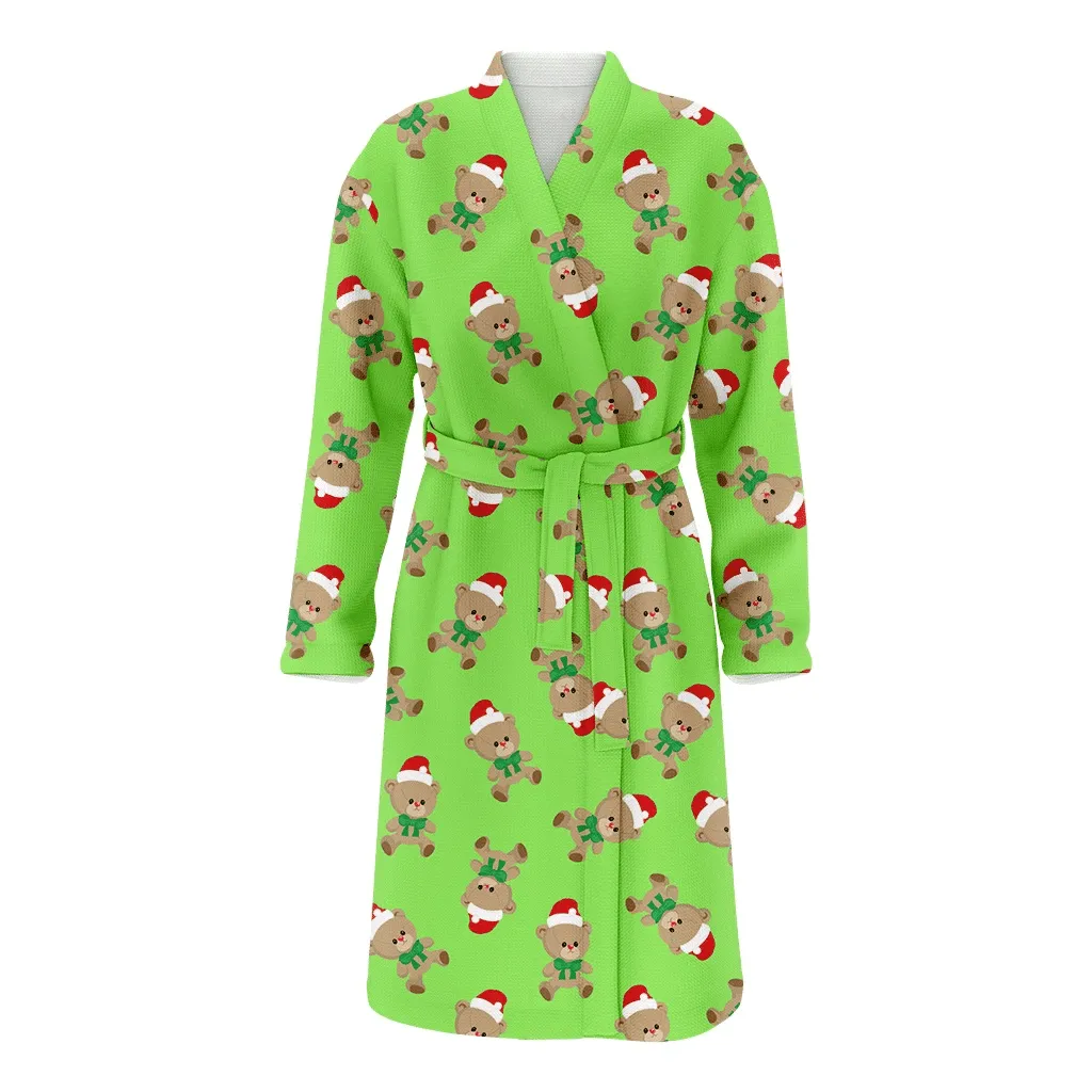Merry Christmas Teddy Bear In Red Hat On Green Family Matching Kimono Bathrobe Satin Fleece Robe