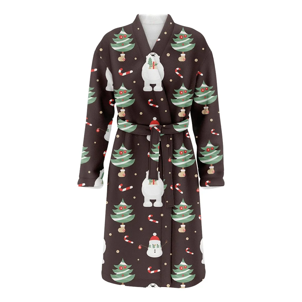 Merry Christmas With Bear On Retro Background Family Matching Kimono Bathrobe Satin Fleece Robe