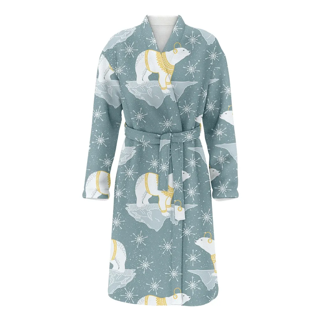 Merry Christmas With Bear Snowflakes And Iceberg Family Matching Kimono Bathrobe Satin Fleece Robe