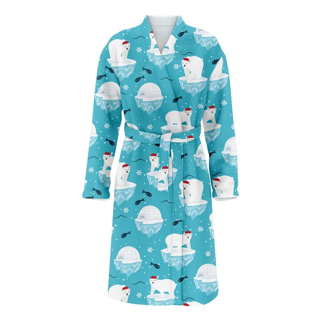 Merry Christmas With Polar Bear On Ice Floe Background Family Matching Kimono Bathrobe Satin Fleece Robe