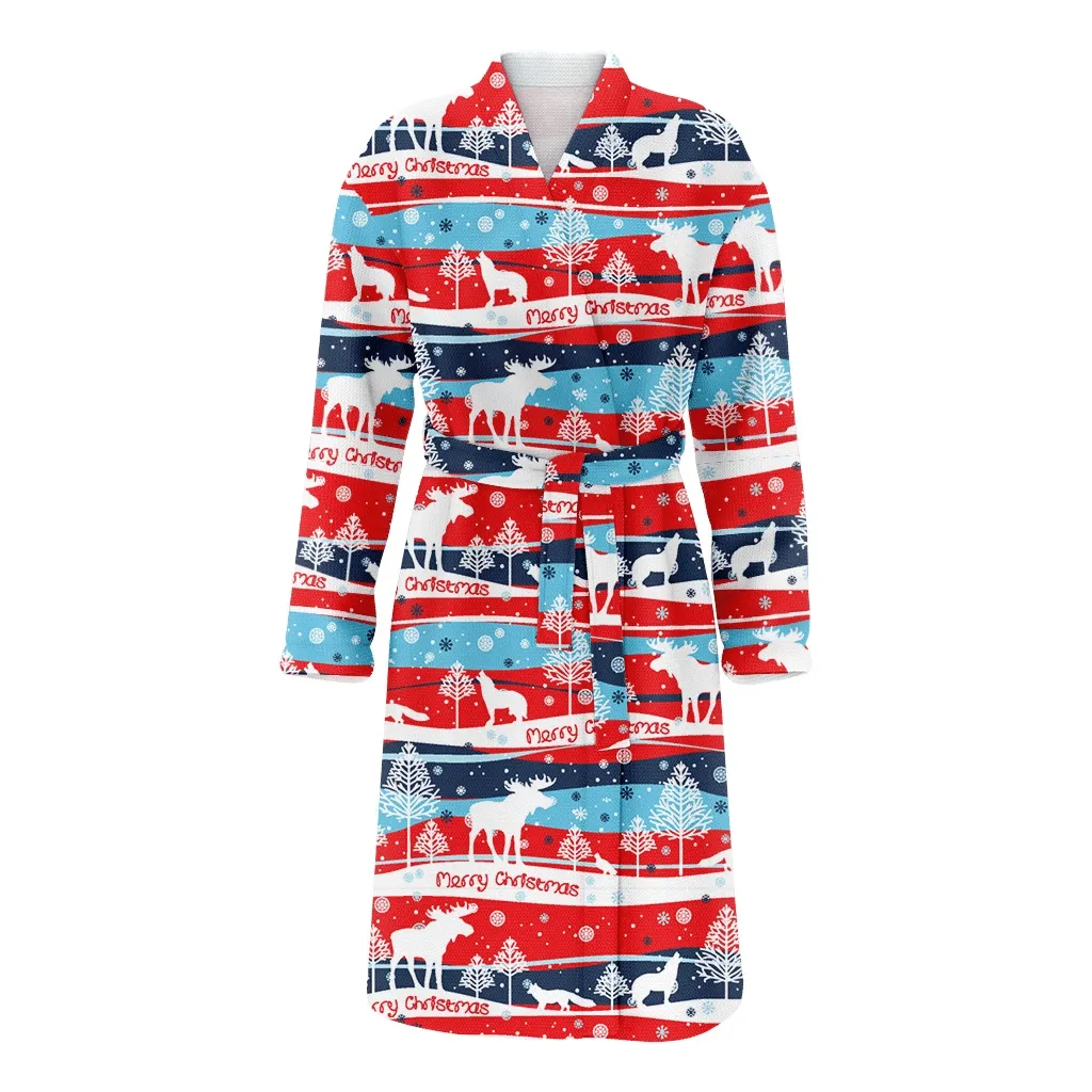 Merry Christmas With Winter Forest Wolf Family Matching Kimono Bathrobe Satin Fleece Robe