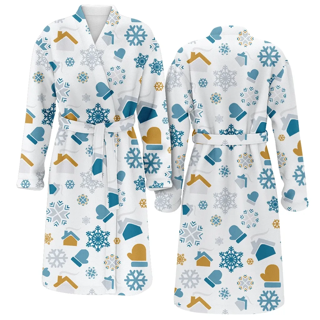 Nordic Chrismas Winter Snowflakes Houses And Mittens Christmas Gift Family Matching Kimono Bathrobe Satin Fleece Robe