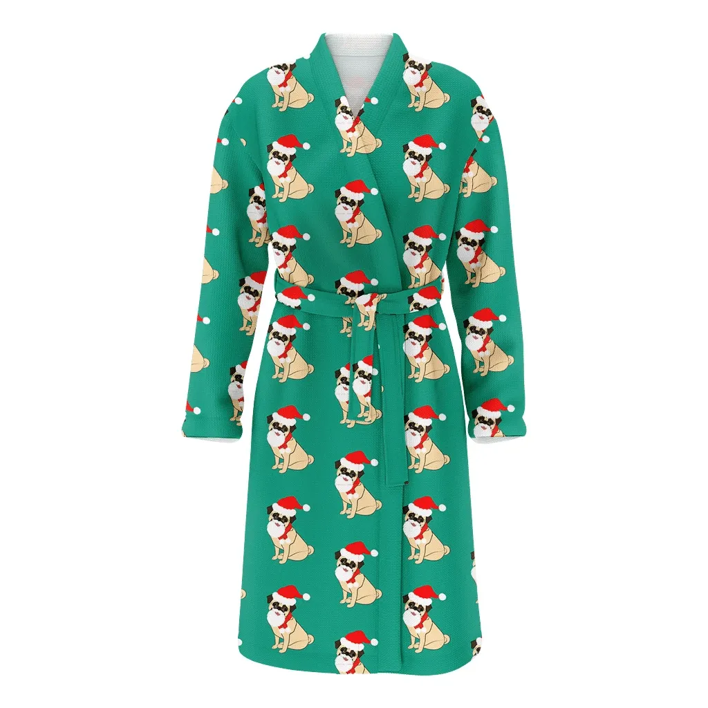Old Pug In Christmas Costume On The Green Family Matching Kimono Bathrobe Satin Fleece Robe