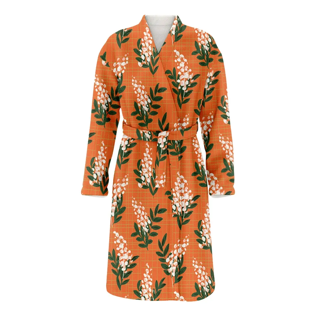 Painted Berries Field Green Leaves On Orange Tartan Background Christmas Family Matching Kimono Bathrobe Satin Fleece Robe