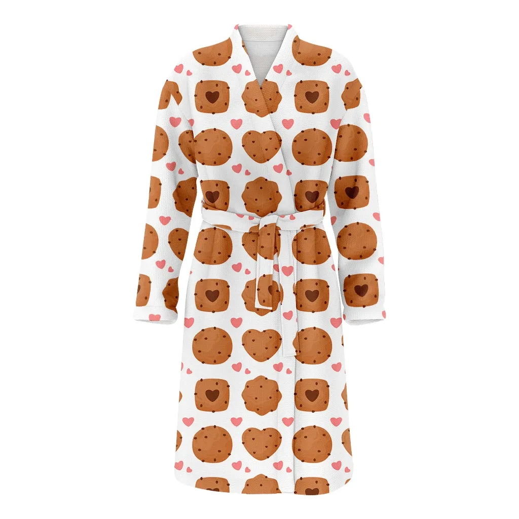 Pastel Pink Heart Symbols And Cute Cookies Pattern Christmas Gift Family Matching Kimono Bathrobe Satin Fleece Robe