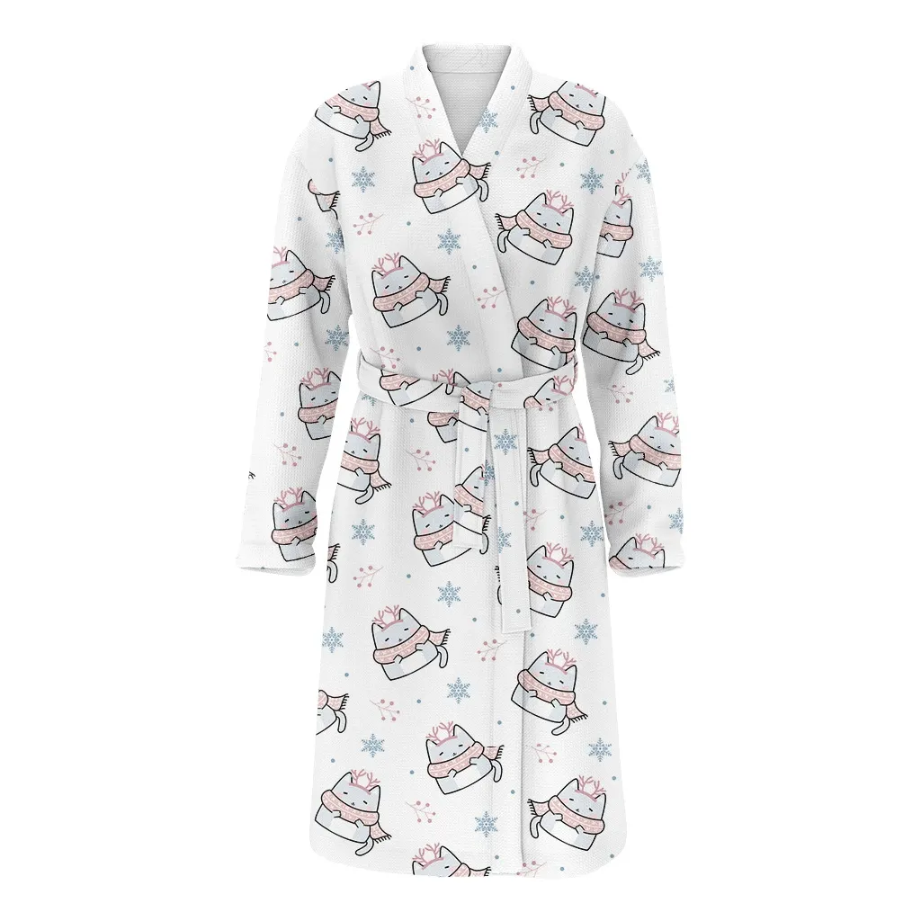 Pattern Of Kawaii Cute Cats In Warm Scarf Snowflake Background Design Christmas Gift Family Matching Kimono Bathrobe Satin Fleece Robe
