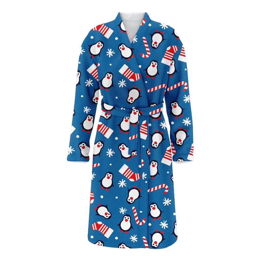 Penguins Socks Christmas Gift Candy Cane And Snowflakes Family Matching Kimono Bathrobe Satin Fleece Robe