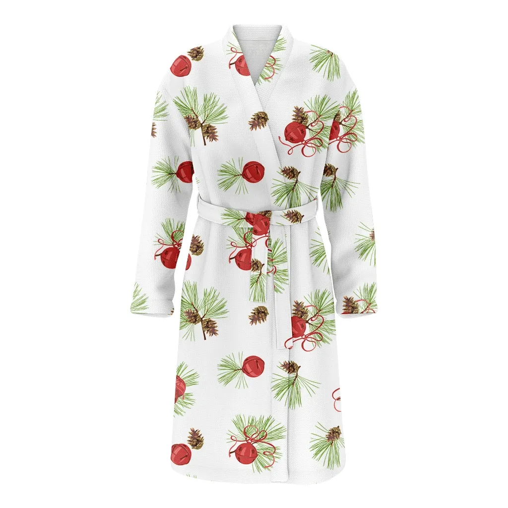Pine Cones Spruce And Xmas Bells On White Background Christmas Family Matching Kimono Bathrobe Satin Fleece Robe
